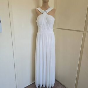 Alex Evenings Wht Mesh Halter Style Grecian Gown Rhinestone Brooch@Neck, NWT,10